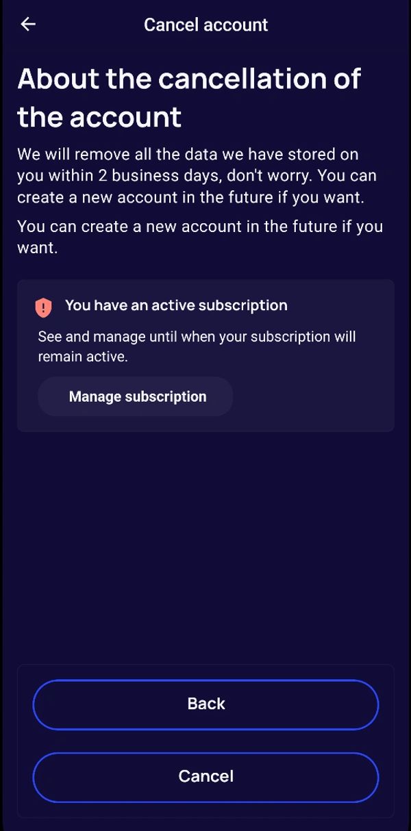 iTellyou Cancel Account option