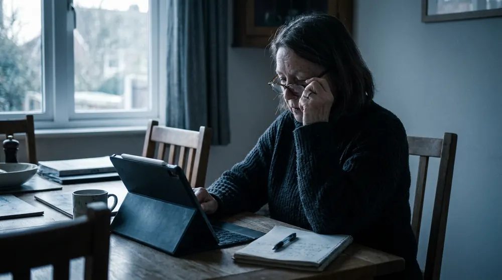 An older woman reading on a tablet at her dining table, notebook beside her