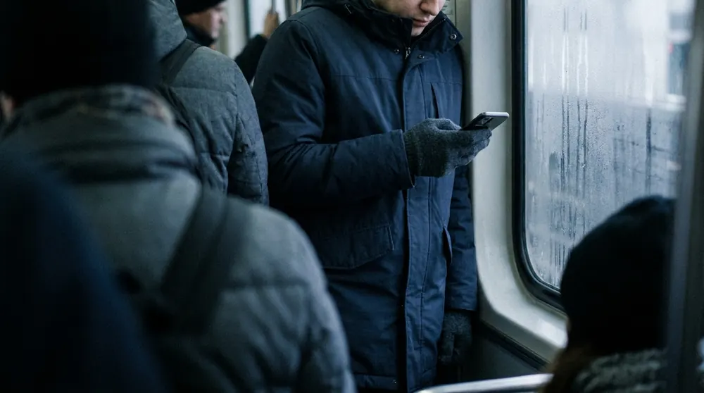A commuter reading on a phone while standing on a morning train