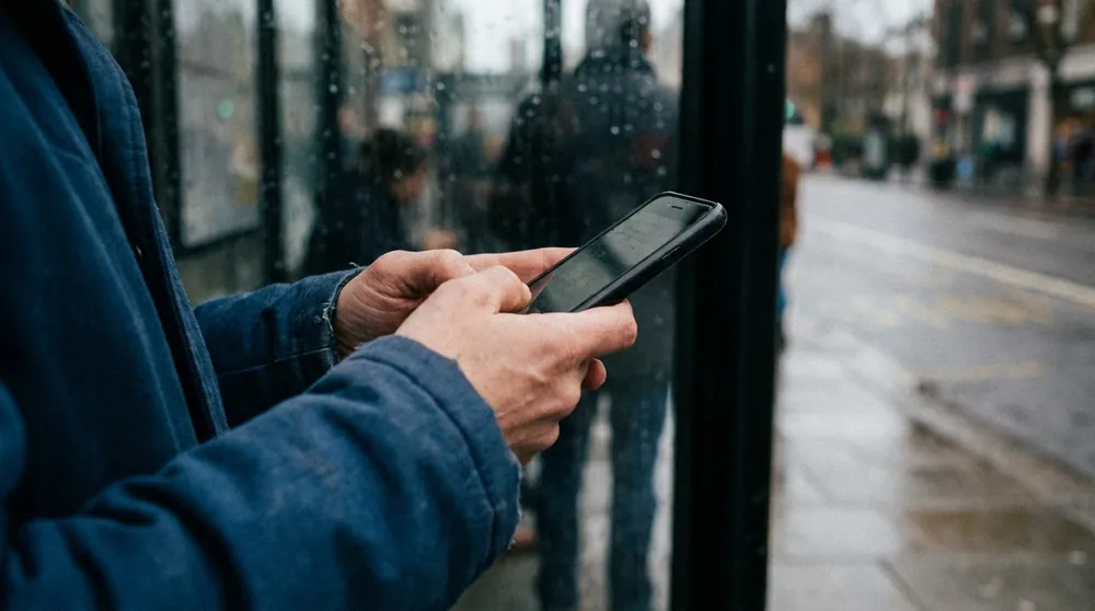 Hands holding a phone at a bus stop on a grey afternoon