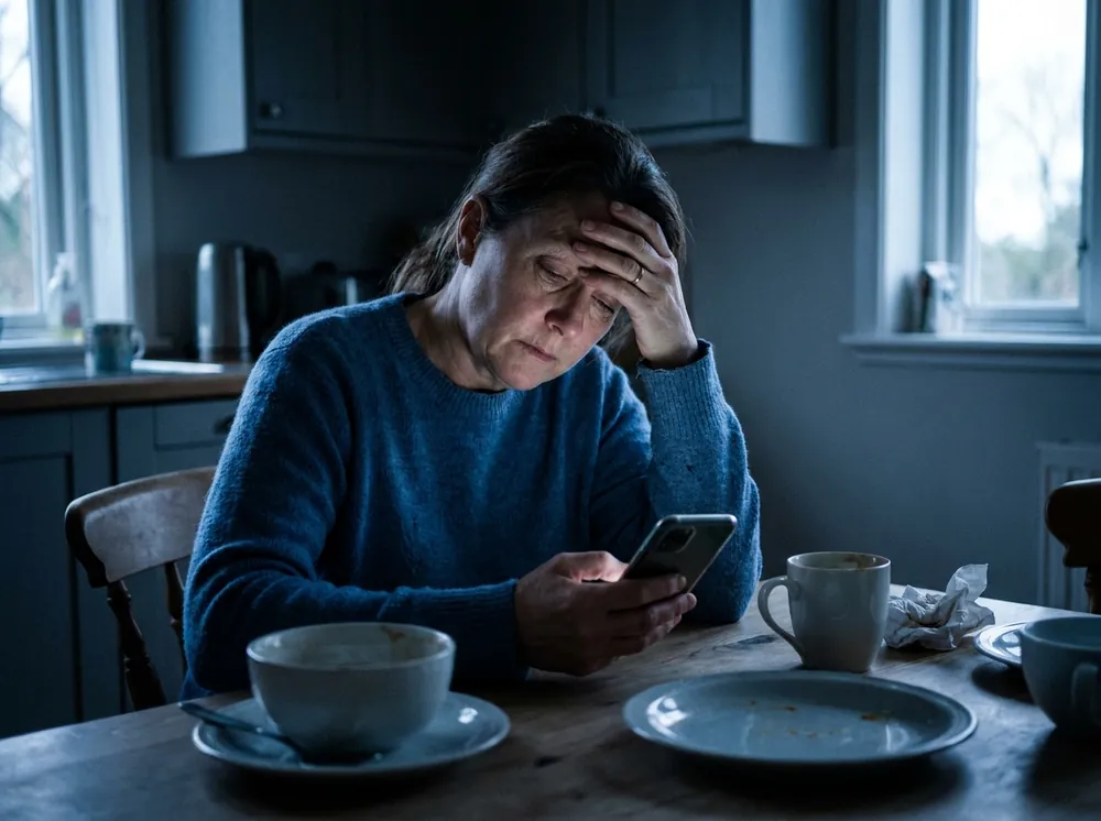 A woman at her kitchen table in the evening, tired, looking at her phone